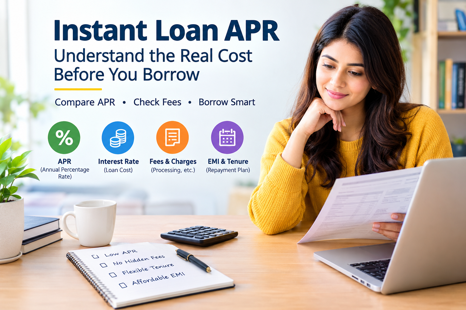 Instant loan APR guide showing APR, interest rate, fees, EMI, and tenure comparison in a modern financial setting.